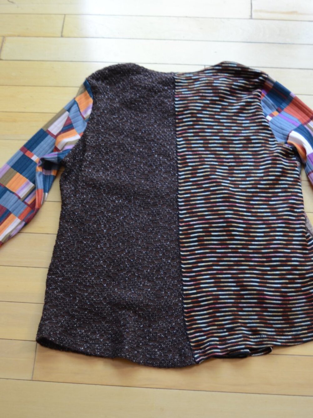 Ali Miles Brown Mixed Media Patchwork Cowl Neck Tunic Shirt Boho Artsy Size L - Picture 9 of 10